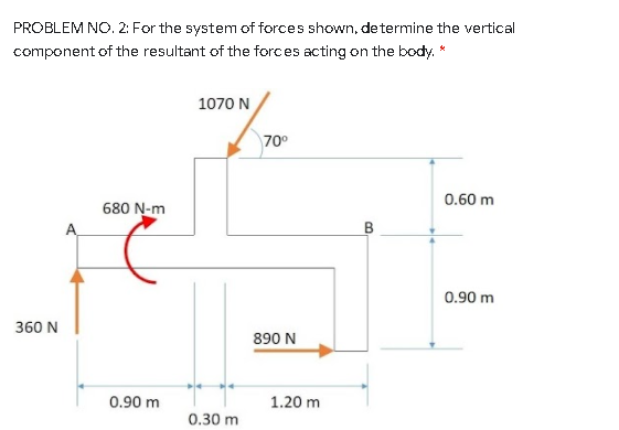 PROBLEM NO. 2: For the system of forces shown, de termine the vertical
component of the resultant of the forces acting on the body. *
1070 N
70°
0.60 m
680 N-m
0.90 m
360 N
890 N
0.90 m
1.20 m
0.30 m
