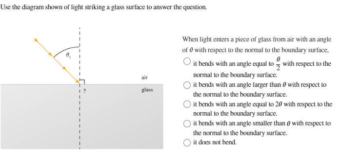 Use the diagram shown of light striking a glass surface to answer the question.
air
glass
When light enters a piece of glass from air with an angle
of with respect to the normal to the boundary surface,
0
it bends with an angle equal to with respect to the
normal to the boundary surface.
2
it bends with an angle larger than with respect to
the normal to the boundary surface.
it bends with an angle equal to 20 with respect to the
normal to the boundary surface.
it bends with an angle smaller than with respect to
the normal to the boundary surface.
it does not bend.