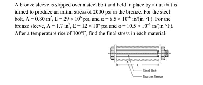 A bronze sleeve is slipped over a steel bolt and held in place by a nut that is
turned to produce an initial stress of 2000 psi in the bronze. For the steel
bolt, A = 0.80 in?, E = 29 × 10° psi, and a = 6.5 x 106 in/(in-°F). For the
bronze sleeve, A = 1.7 in², E = 12 × 10° psi and a = 10.5 x 10° in/(in-°F).
After a temperature rise of 100°F, find the final stress in each material.
Steel Bolt
Bronze Sleeve
