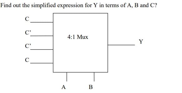Find out the simplified expression for Y in terms of A, B and C?
C
C
4:1 Mux
C'
C
A
В
