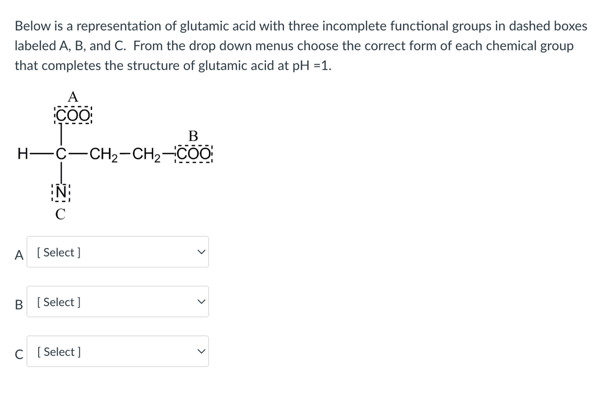 Below is a representation of glutamic acid with three incomplete functional groups in dashed boxes
labeled A, B, and C. From the drop down menus choose the correct form of each chemical group
that completes the structure of glutamic acid at pH =1.
A
COO
H-C-CH₂-CH₂-COO
N
C
A [Select]
B [Select]
B
C [Select]