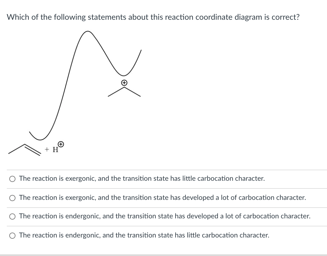Which of the following statements about this reaction coordinate diagram is correct?
+ H
O The reaction is exergonic, and the transition state has little carbocation character.
O The reaction is exergonic, and the transition state has developed a lot of carbocation character.
The reaction is endergonic, and the transition state has developed a lot of carbocation character.
O The reaction is endergonic, and the transition state has little carbocation character.
