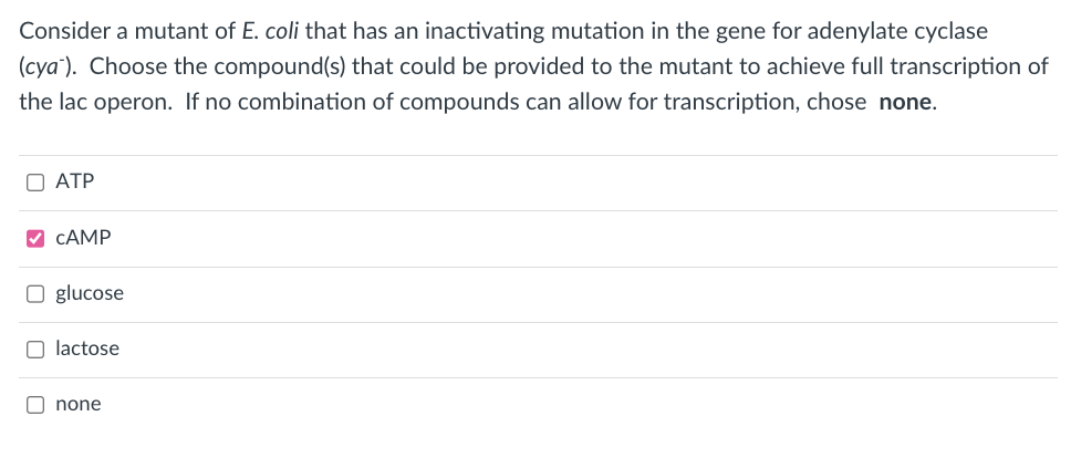 Consider a mutant of E. coli that has an inactivating mutation in the gene for adenylate cyclase
(cya). Choose the compound(s) that could be provided to the mutant to achieve full transcription of
the lac operon. If no combination of compounds can allow for transcription, chose none.
☐ ATP
✔ CAMP
O glucose
Olactose
none