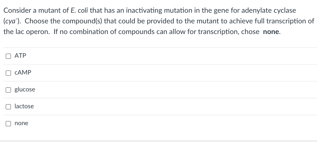 Consider a mutant of E. coli that has an inactivating mutation in the gene for adenylate cyclase
(cya). Choose the compound(s) that could be provided to the mutant to achieve full transcription of
the lac operon. If no combination of compounds can allow for transcription, chose none.
O ATP
O CAMP
O glucose
O lactose
none