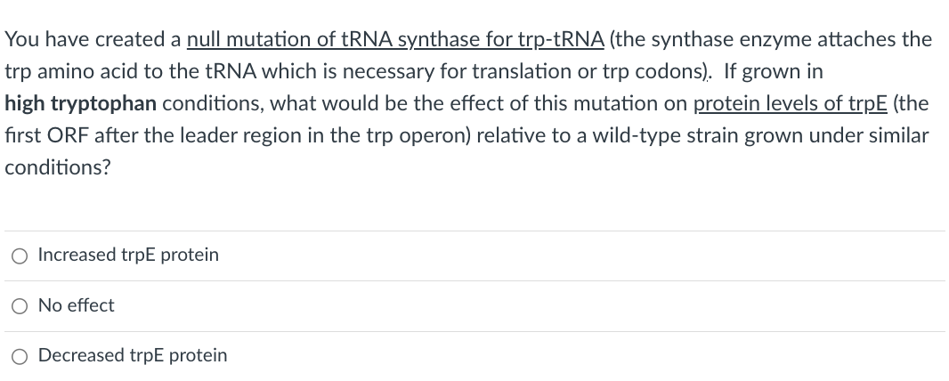 You have created a null mutation of tRNA synthase for trp-tRNA (the synthase enzyme attaches the
trp amino acid to the tRNA which is necessary for translation or trp codons). If grown in
high tryptophan conditions, what would be the effect of this mutation on protein levels of trpe (the
first ORF after the leader region in the trp operon) relative to a wild-type strain grown under similar
conditions?
Increased trpE protein
O No effect
Decreased trpE protein