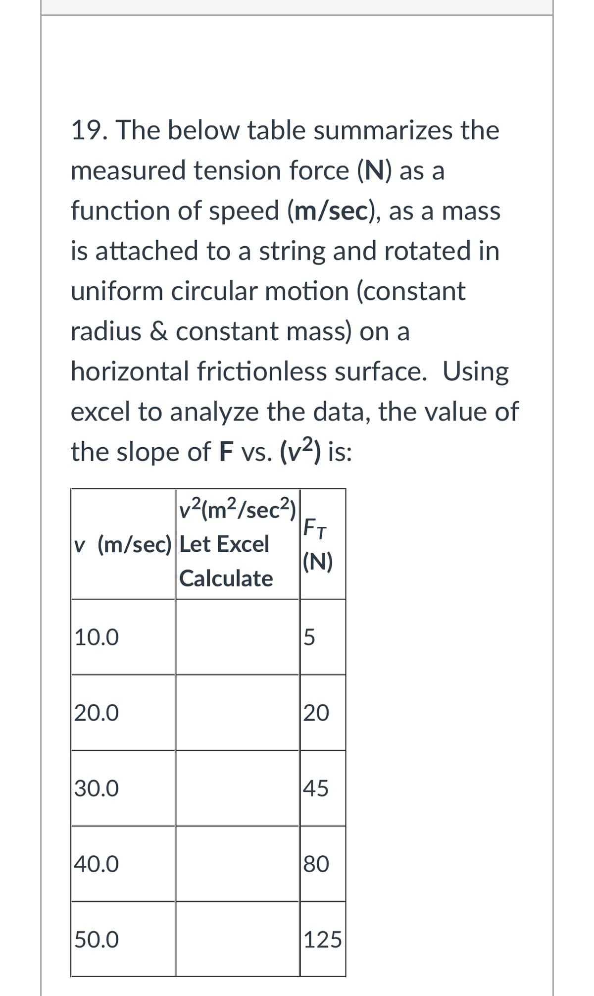 19. The below table summarizes the
measured tension force (N) as a
function of speed (m/sec), as a mass
is attached to a string and rotated in
uniform circular motion (constant
radius & constant mass) on a
horizontal frictionless surface. Using
excel to analyze the data, the value of
the slope of F vs. (v2) is:
v2(m²/sec²)
FT
v (m/sec) Let Excel
(N)
Calculate
10.0
15
20.0
30.0
45
|40.0
80
50.0
125
20
