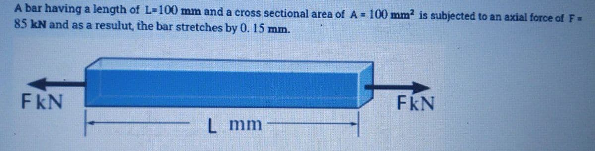 A bar having a length of L%3D100 mm and a cross sectional area of A = 100 mm? is subjected to an axial force of F=
85 kN and as a resulut, the bar stretches by 0. 15 mm.
FkN
FKN
L mm
