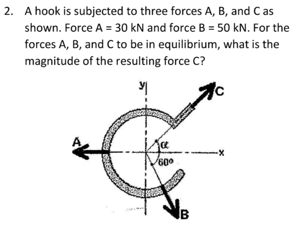 2. A hook is subjected to three forces A, B, and C as
shown. Force A = 30 kN and force B = 50 kN. For the
%3D
forces A, B, and C to be in equilibrium, what is the
magnitude of the resulting force C?
60,
IB
