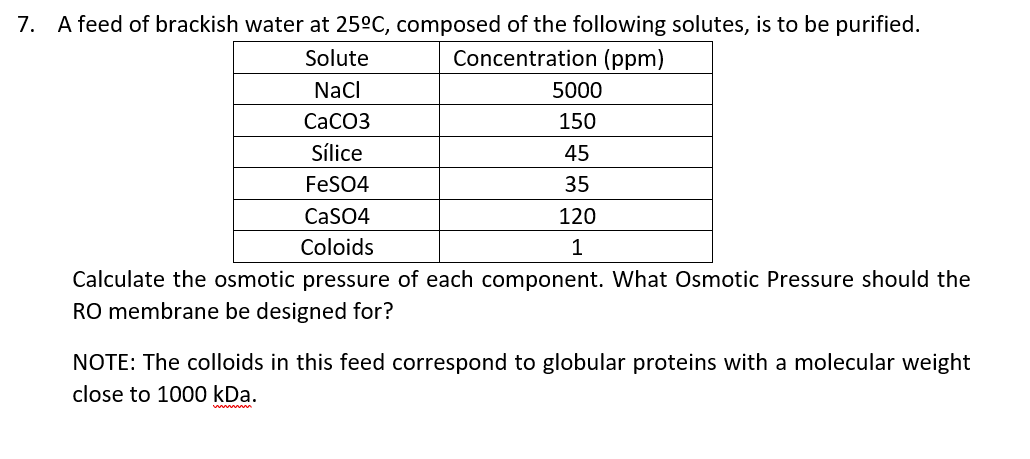 7. A feed of brackish water at 25ºC, composed of the following solutes, is to be purified.
Concentration (ppm)
Solute
NaCl
5000
CaCO3
150
Sílice
45
FeSO4
35
CaSO4
120
Coloids
1
Calculate the osmotic pressure of each component. What Osmotic Pressure should the
RO membrane be designed for?
NOTE: The colloids in this feed correspond to globular proteins with a molecular weight
close to 1000 kDa.
