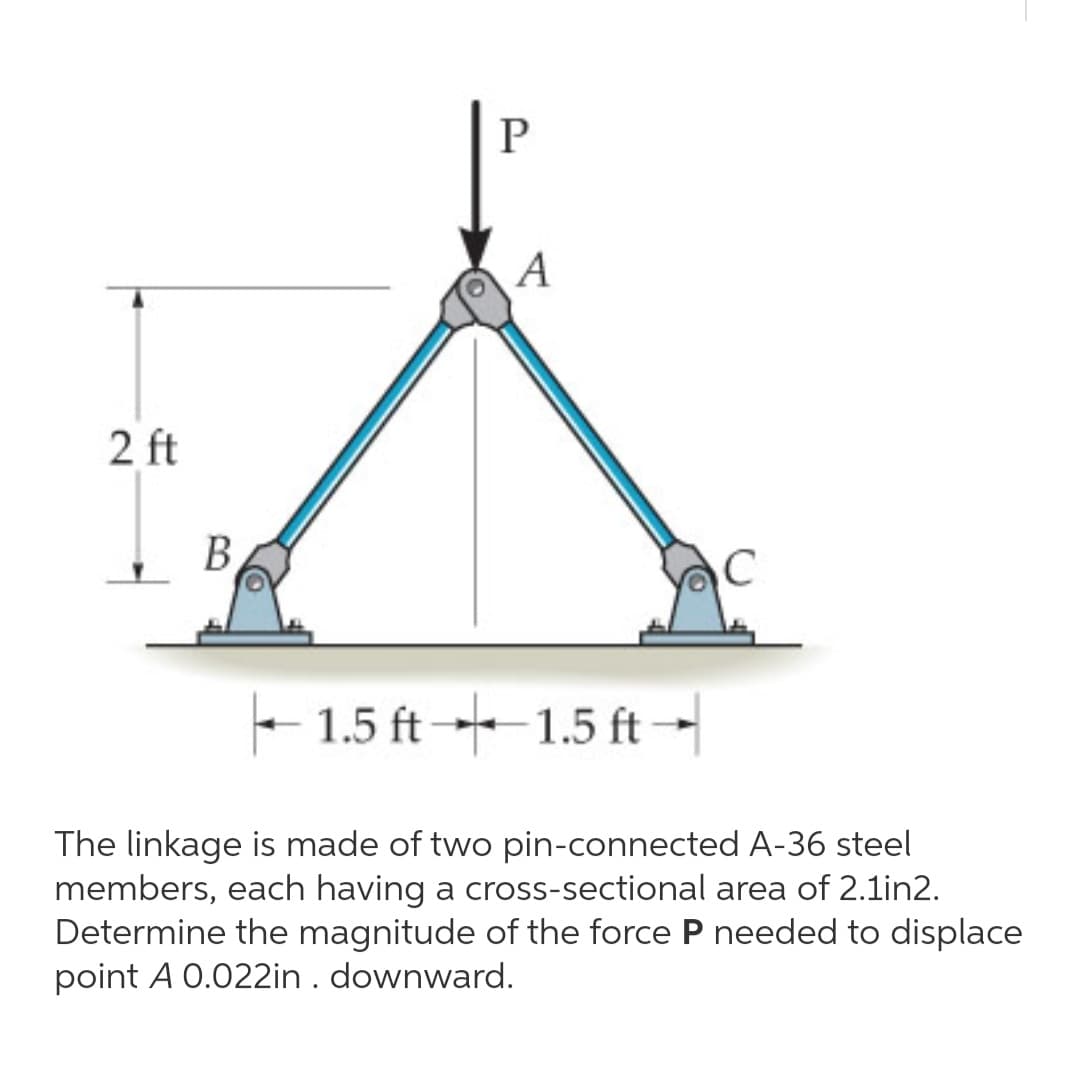 P
A
2 ft
B.
C
- 1.5 ft 1.5 ft-
The linkage is made of two pin-connected A-36 steel
members, each having a cross-sectional area of 2.1in2.
Determine the magnitude of the force P needed to displace
point A 0.022in . downward.
