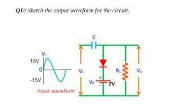 QI// Sketch the output waveform for the circuit.
15V
V.
RL
Vo
-15V
Va
7V
Input waveform
ww
