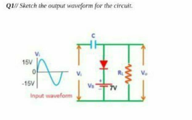 Q1/ Sketch the output waveform for the circuit.
15V
RL
Vo
-15V
Va
7V
Input waveform
ww
