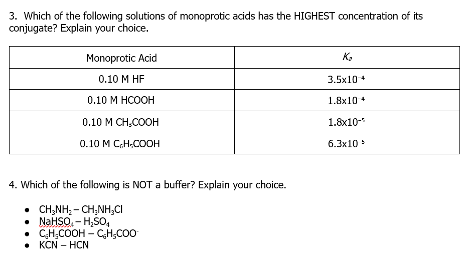 3. Which of the following solutions of monoprotic acids has the HIGHEST concentration of its
conjugate? Explain your choice.
Monoprotic Acid
Ka
0.10 M HF
3.5x10-4
0.10 M HCOOH
1.8x10-4
0.10 М СН;CООН
1.8x10-5
0.10 М СоH,CООН
6.3x10-5
4. Which of the following is NOT a buffer? Explain your choice.
• CH;NH, – CH;NH,CI
• NAHSO, - H,SO4
• CH;COOH – C,H;COO
KCN – HCN
