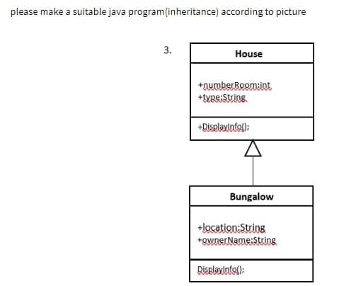 please make a suitable java program (inheritance) according to picture
3.
House
+numberRoom:int
+type:String.
+DisplayInfo();
Bungalow
+location:String
+ownerName:String.
Displayinfo);
