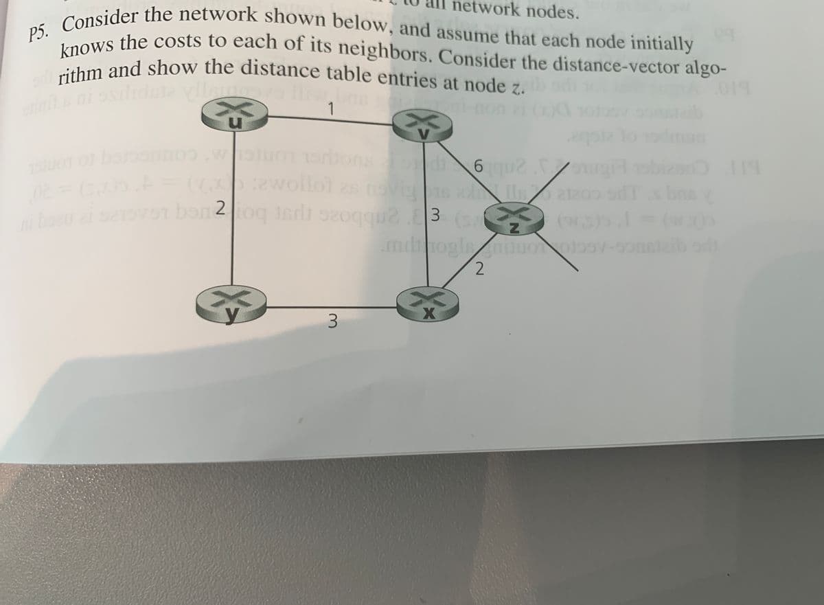 network nodes.
rithm and show the distance table entries at node z.
P5. Consider the network shown below, and assume that each node initially
knows the costs to each of its neighbors. Consider the distance-vector algo-
koows the cOsts to each ofr its neighbors. Consider the distance-vector algo-
019
w.
1
omi-non 2 (
lo 1odmun
MCOUUGCrcg to Lon
on
2wollol 2s nsvis lea20
obieno 19
bns
ons
bon 2
(w.s).l
ben
2.
