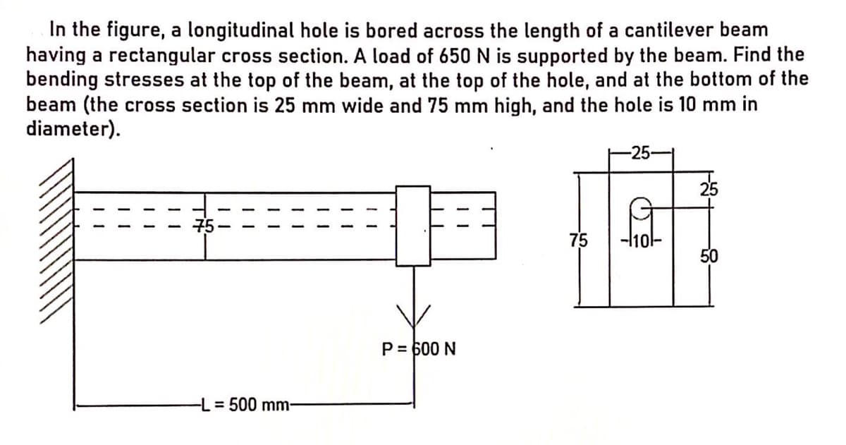 In the figure, a longitudinal hole is bored across the length of a cantilever beam
having a rectangular cross section. A load of 650 N is supported by the beam. Find the
bending stresses at the top of the beam, at the top of the hole, and at the bottom of the
beam (the cross section is 25 mm wide and 75 mm high, and the hole is 10 mm in
diameter).
-25-
25
구5
75
50
P = 600 N
-L =500 mm-
