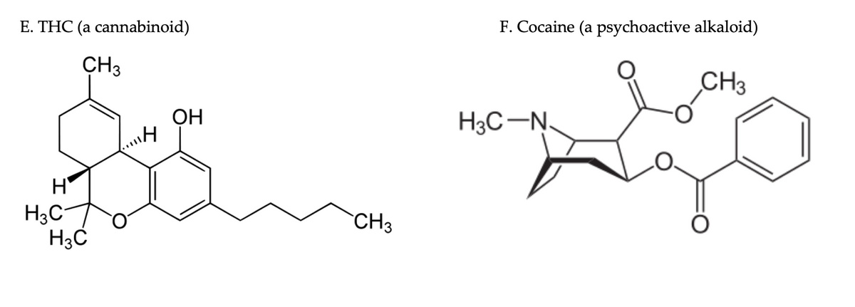 E. THC (a cannabinoid)
CH3
Н
H3C
H3C
..... н
ОН
CH3
F. Cocaine (a psychoactive alkaloid)
CH3
H3C-N.