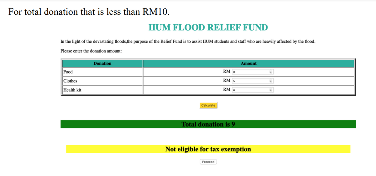 For total donation that is less than RM10.
IIUM FLOOD RELIEF FUND
In the light of the devastating floods,the purpose of the Relief Fund is to assist IIUM students and staff who are heavily affected by the flood.
Please enter the donation amount:
Donation
Amount
Food
RM 0
Clothes
RM 5
Health kit
RM 4
Calculate
Total donation is 9
Not eligible for tax exemption
Proceed
