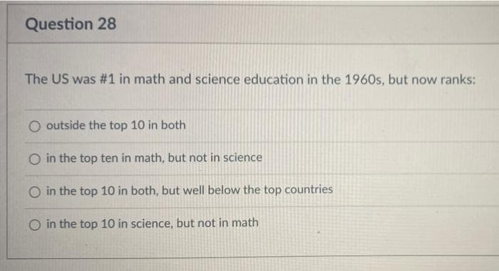 Question 28
The US was #1 in math and science education in the 1960s, but now ranks:
O outside the top 10 in both
O in the top ten in math, but not in science
O in the top 10 in both, but well below the top countries
O in the top 10 in science, but not in math
