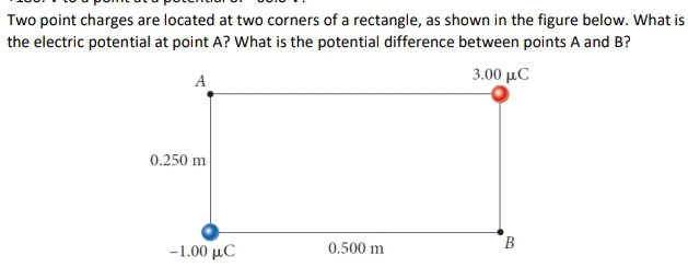 Two point charges are located at two corners of a rectangle, as shown in the figure below. What is
the electric potential at point A? What is the potential difference between points A and B?
A
3.00 μC
0.250 m
B.
100 μC
0.500 m
