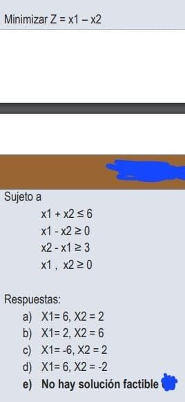 Minimizar Z = x1 - x2
Sujeto a
x1 + x2 ≤ 6
x1 - x2 ≥ 0
x2-x1 ≥ 3
x1, x2 ≥ 0
Respuestas:
a) X1=6, X2 = 2
b) X1=2, X2=6
c) X1 = -6, X2 = 2
d)
x1=6, X2 = -2
e)
No hay solución factible