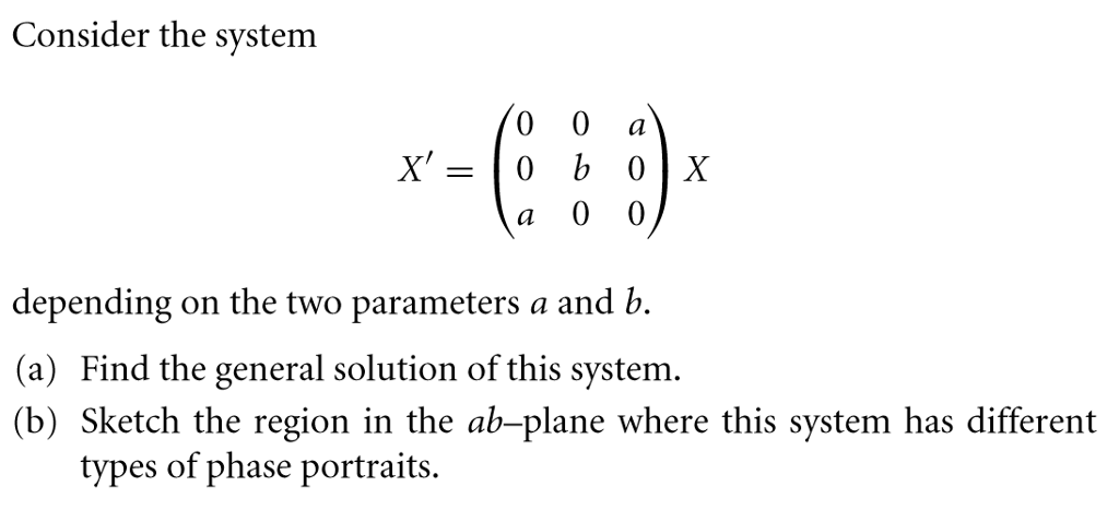 Consider the system
X' =
0
a
0b0X
0 0
a
depending on the two parameters a and b.
(a) Find the general solution of this system.
(b) Sketch the region in the ab-plane where this system has different
types of phase portraits.
