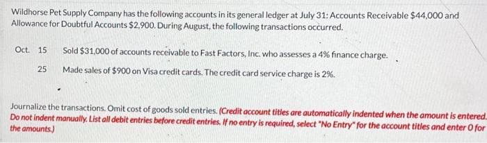 Wildhorse Pet Supply Company has the following accounts in its general ledger at July 31: Accounts Receivable $44,000 and
Allowance for Doubtful Accounts $2,900. During August, the following transactions occurred.
Oct. 15
25
Sold $31,000 of accounts receivable to Fast Factors, Inc. who assesses a 4% finance charge.
Made sales of $900 on Visa credit cards. The credit card service charge is 2%.
Journalize the transactions. Omit cost of goods sold entries. (Credit account titles are automatically indented when the amount is entered...
Do not indent manually. List all debit entries before credit entries. If no entry is required, select "No Entry" for the account titles and enter O for
the amounts.)