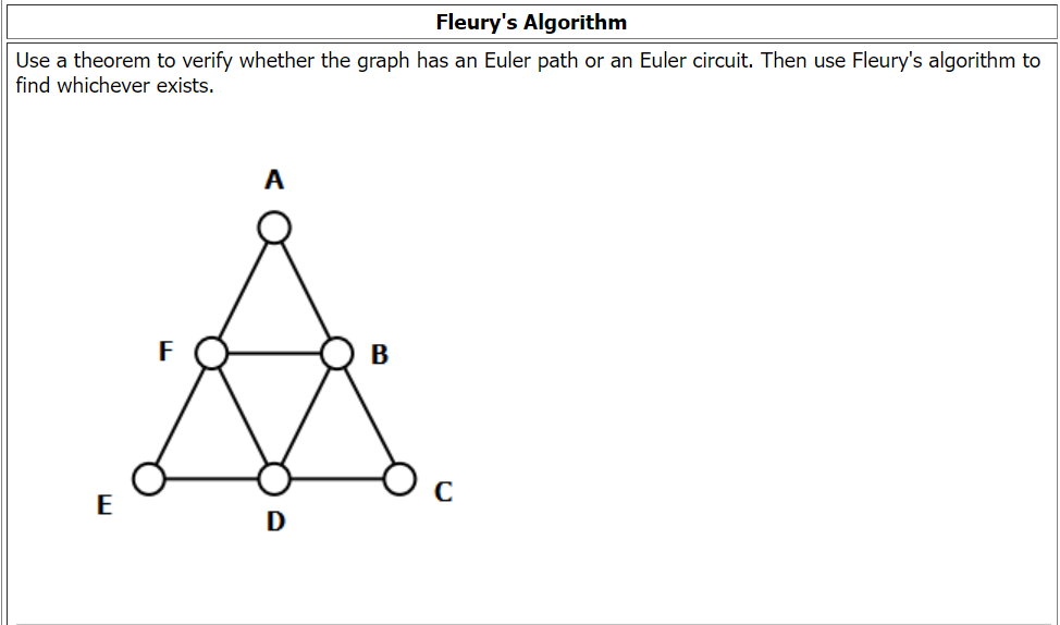 Fleury's Algorithm
Use a theorem to verify whether the graph has an Euler path or an Euler circuit. Then use Fleury's algorithm to
find whichever exists.
A
E
D
B
C