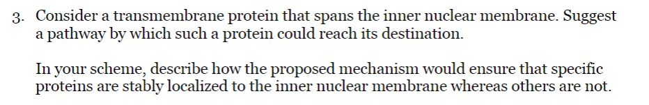 3. Consider a transmembrane protein that spans the inner nuclear membrane. Suggest
a pathway by which such a protein could reach its destination.
In your scheme, describe how the proposed mechanism would ensure that specific
proteins are stably localized to the inner nuclear membrane whereas others are not.
