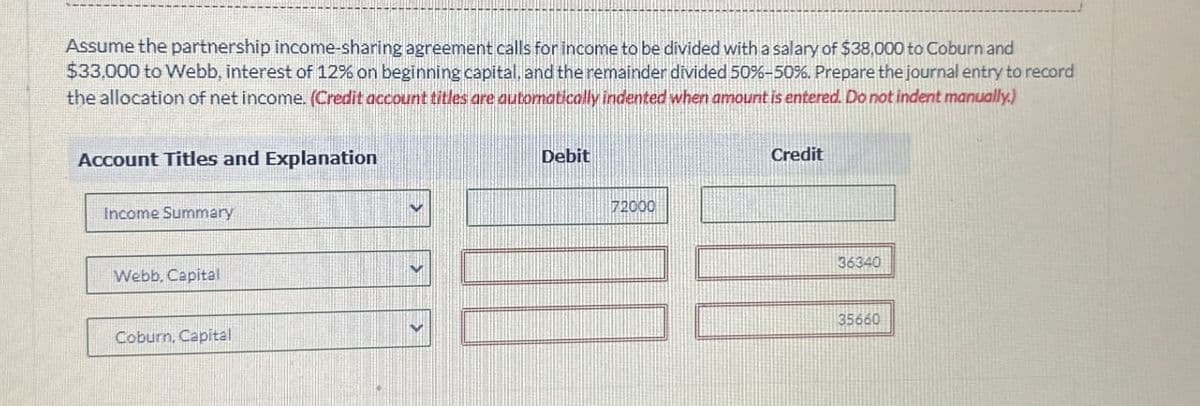 Assume the partnership income-sharing agreement calls for income to be divided with a salary of $38,000 to Coburn and
$33,000 to Webb, interest of 12% on beginning capital, and the remainder divided 50%-50%. Prepare the journal entry to record
the allocation of net income. (Credit account titles are automatically indented when amount is entered. Do not indent manually.)
Account Titles and Explanation
Income Summary
Webb, Capital
Coburn, Capital
Debit
72000
Credit
36340
35660