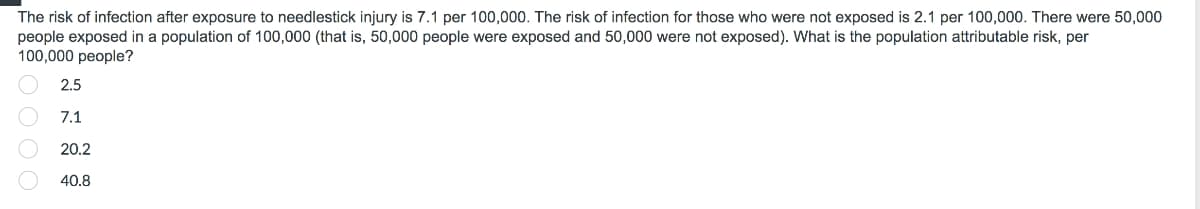 The risk of infection after exposure to needlestick injury is 7.1 per 100,000. The risk of infection for those who were not exposed is 2.1 per 100,000. There were 50,000
people exposed in a population of 100,000 (that is, 50,000 people were exposed and 50,000 were not exposed). What is the population attributable risk, per
100,000 people?
2.5
7.1
20.2
40.8
OO O O
