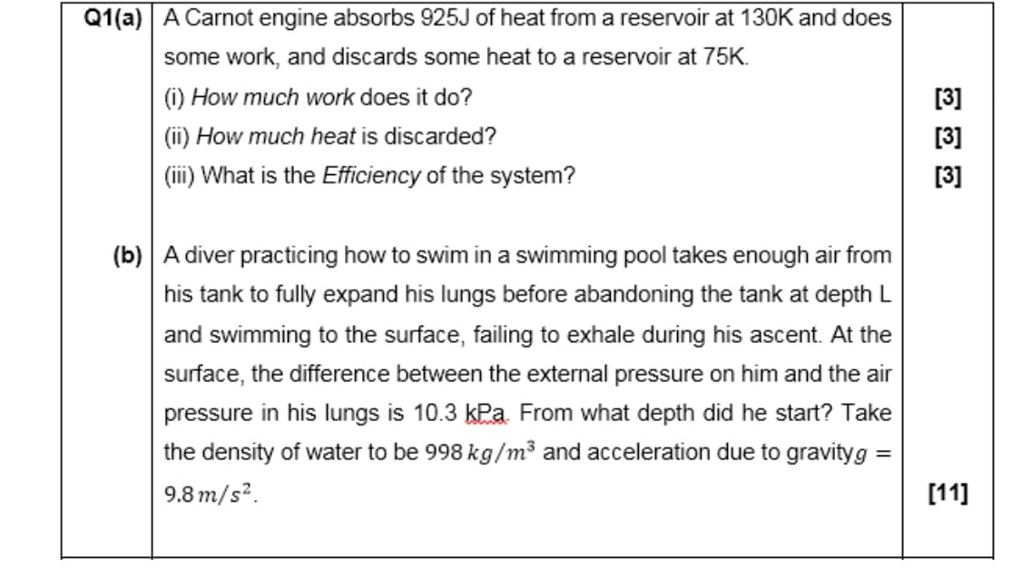 Q1(a) A Carnot engine absorbs 925J of heat from a reservoir at 130K and does
some work, and discards some heat to a reservoir at 75K.
(i) How much work does it do?
[3]
(ii) How much heat is discarded?
[3]
(ii) What is the Efficiency of the system?
[3]
(b) A diver practicing how to swim in a swimming pool takes enough air from
his tank to fully expand his lungs before abandoning the tank at depth L
and swimming to the surface, failing to exhale during his ascent. At the
surface, the difference between the external pressure on him and the air
pressure in his lungs is 10.3 kPa. From what depth did he start? Take
the density of water to be 998 kg/m³ and acceleration due to gravityg =
9.8 m/s?.
[11]
