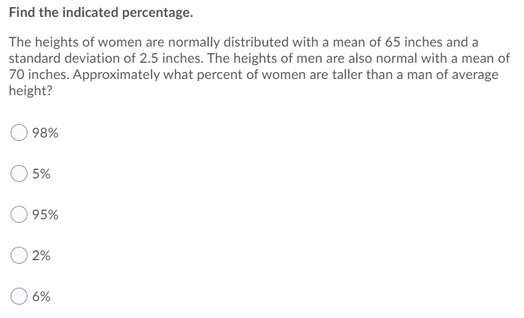 Find the indicated percentage.
The heights of women are normally distributed with a mean of 65 inches and a
standard deviation of 2.5 inches. The heights of men are also normal with a mean of
70 inches. Approximately what percent of women are taller than a man of average
height?
98%
5%
95%
2%
6%
