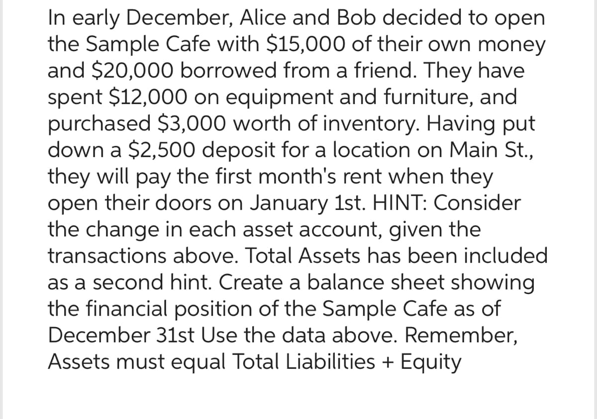 In early December, Alice and Bob decided to open
the Sample Cafe with $15,000 of their own money
and $20,000 borrowed from a friend. They have
spent $12,000 on equipment and furniture, and
purchased $3,000 worth of inventory. Having put
down a $2,500 deposit for a location on Main St.,
they will pay the first month's rent when they
open their doors on January 1st. HINT: Consider
the change in each asset account, given the
transactions above. Total Assets has been included
as a second hint. Create a balance sheet showing
the financial position of the Sample Cafe as of
December 31st Use the data above. Remember,
Assets must equal Total Liabilities + Equity