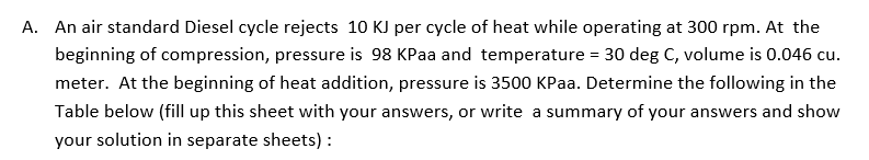 A. An air standard Diesel cycle rejects 10 KJ per cycle of heat while operating at 300 rpm. At the
beginning of compression, pressure is 98 KPaa and temperature = 30 deg C, volume is 0.046 cu.
meter. At the beginning of heat addition, pressure is 3500 KPaa. Determine the following in the
Table below (fill up this sheet with your answers, or write a summary of your answers and show
your solution in separate sheets) :