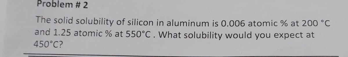 Problem #2
The solid solubility of silicon in aluminum is 0.006 atomic % at 200 °C
and 1.25 atomic % at 550°C. What solubility would you expect at
450°C?