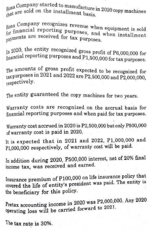 that are sold on the installment basis.
Rona Company started to manufacture in 2020 copy machines
payments are received for tax purposes.
Rona Company recognizes revenue when equipment is sold
for financial reporting purposes, and when installment
financial reporting purposes and P1,500,000 for tax purposes.
Koanancial reporting purposes, and when installment
. 2020, the entity recognized gross profit of P6,000,000 for
Enancial reporting purposes and P1,500,000 for tax purposes.
The amounts of gross profit expected to be recognized for
tax purposes in 2021 and 2022 are P2,500,000 and P2,000,000,
respectively.
The entity guaranteed the copy machines for two years.
Warranty costs are recognized on the accrual basis for
financial reporting purposes and when paid for tax purposes.
Warranty cost accrued in 2020 is P2,500,000 but only P500,000
of warranty cost is paid in 2020.
It is expected that in 2021 and 2022, P1,000,000 and
P1,000,000 respectively, of warranty cost will be paid.
In addition during 2020, P500,000 interest, net of 20% final
income tax, was received and earned.
Insurance premium of P100,000 on life insurance policy that
covered the life of entity's president was paid. The entity is
the beneficiary for this policy.
Pretax accounting income in 2020 was P2,000,000. Any 2020
operating loss will be carried forward to 2021.
The tax rate is 30%.
