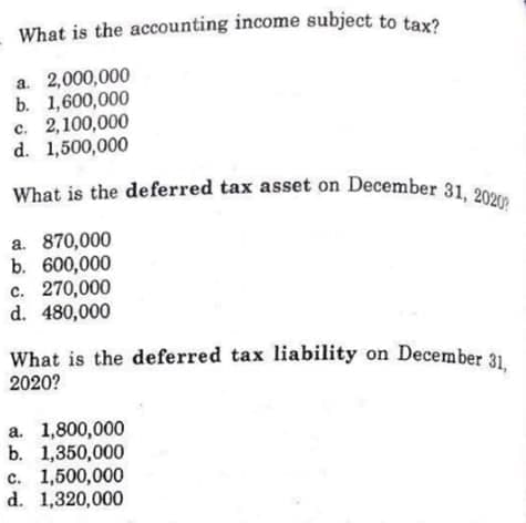 What is the deferred tax asset on December 31, 2020
What is the accounting income subject to tar?
a. 2,000,000
b. 1,600,000
c. 2,100,000
d. 1,500,000
a. 870,000
b. 600,000
c. 270,000
d. 480,000
What is the deferred tax liability on December 31.
2020?
a. 1,800,000
b. 1,350,000
c. 1,500,000
d. 1,320,000
