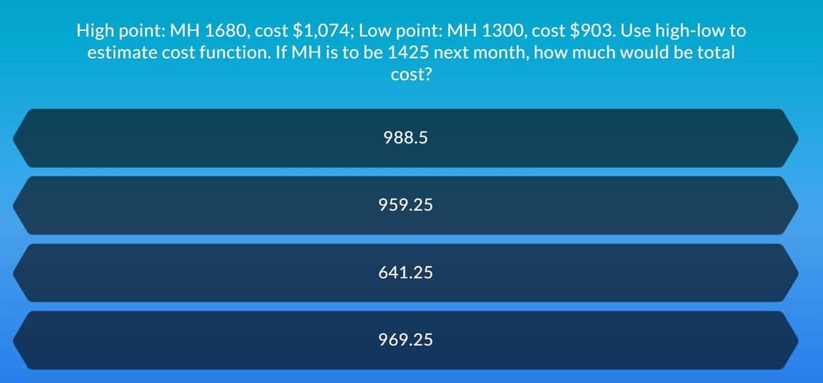 High point: MH 1680, cost $1,074; Low point: MH 1300, cost $903. Use high-low to
estimate cost function. If MH is to be 1425 next month, how much would be total
cost?
988.5
959.25
641.25
969.25