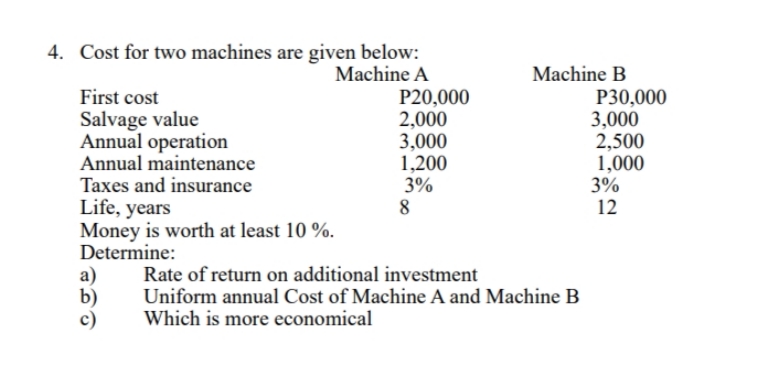 4. Cost for two machines are given below:
Machine A
First cost
Salvage value
Annual operation
Annual maintenance
Taxes and insurance
Life, years
Money is worth at least 10 %.
Determine:
a)
b)
c)
P20,000
2,000
3,000
1,200
3%
Machine B
P30,000
3,000
2,500
1,000
3%
8
12
Rate of return on additional investment
Uniform annual Cost of Machine A and Machine B
Which is more economical