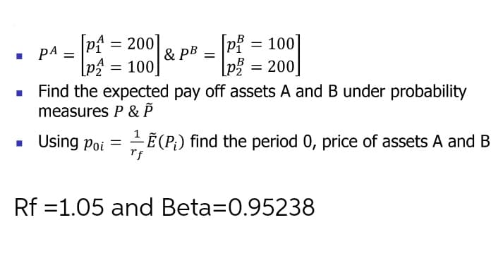 pf = 200]
. PA =
[pf
= 200
= 100
- = 100]
- 20
& PB =
Find the expected pay off assets A and B under probability
measures P & P
. Using Poi
-Ē(P;) find the period 0, price of assets A and B
rf
Rf =1.05 and Beta=0.95238
