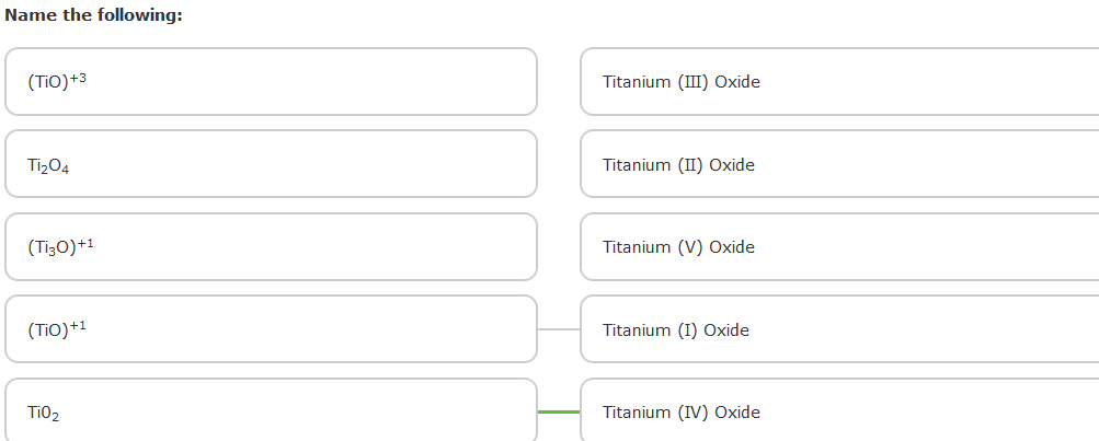 Name the following:
(TiO)+3
Titanium (III) Oxide
TizO4
Titanium (II) Oxide
(Ti3O)+1
Titanium (V) Oxide
(TiO)+1
Titanium (I) Oxide
TiO2
Titanium (IV) Oxide
