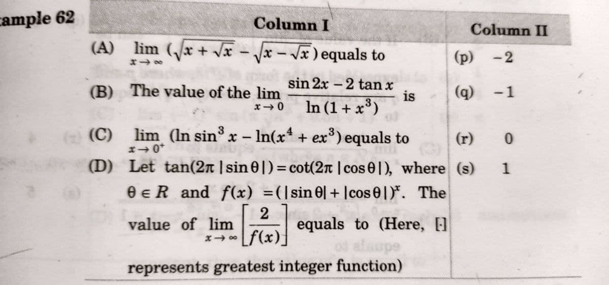 cample 62
Column I
Column II
(A) lim (x + vx - /x - vx) equals to
Vx - Jx) equals to
(р) -2
sin 2x – 2 tan x
is
In (1+ x³)
(B) The value of the lim
(q) -1
(C)
lim (In sin x – In(x* + ex) equals to
(r)
(D) Let tan(2n | sin 0|) = cot(2n | cos 0|), where (s)
0 eR and f(x) =(|sin 0|+ lcos 01)*. The
1
2
value of lim
(Here, ]
equals to
alaupe
represents greatest integer function)
x f(x)
