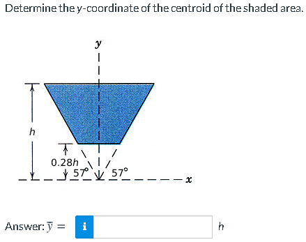 Determine the y-coordinate of the centroid of the shaded area.
y
h
0.28h
$57 V 57°
Answer: ỹ = i
