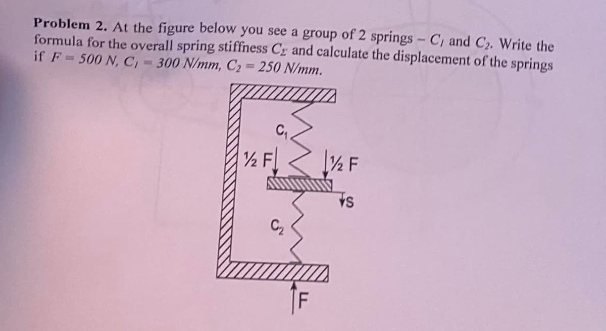 Problem 2. At the figure below you see a group of 2 springs - C, and C2. Write the
formula for the overall spring stiffness C₂ and calculate the displacement of the springs
if F-500 N, C, 300 N/mm, C₂ = 250 N/mm.
100
½ F
1½ F
s
C₂