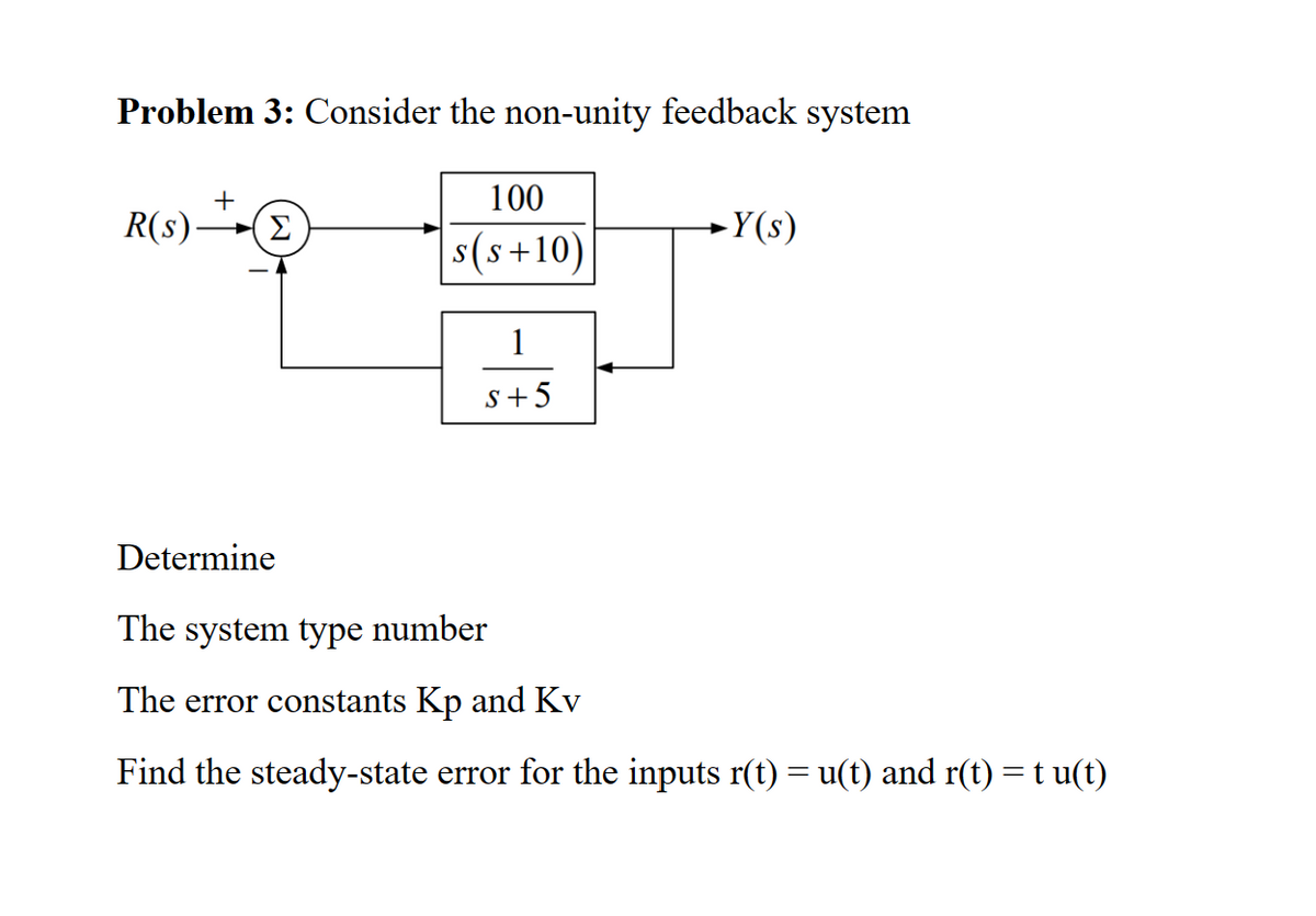 Problem 3: Consider the non-unity feedback system
+
R(s) (E
Determine
100
s(s+10)
1
S+5
►Y(s)
The system type number
The error constants Kp and Kv
Find the steady-state error for the inputs r(t) = u(t) and r(t) = t u(t)