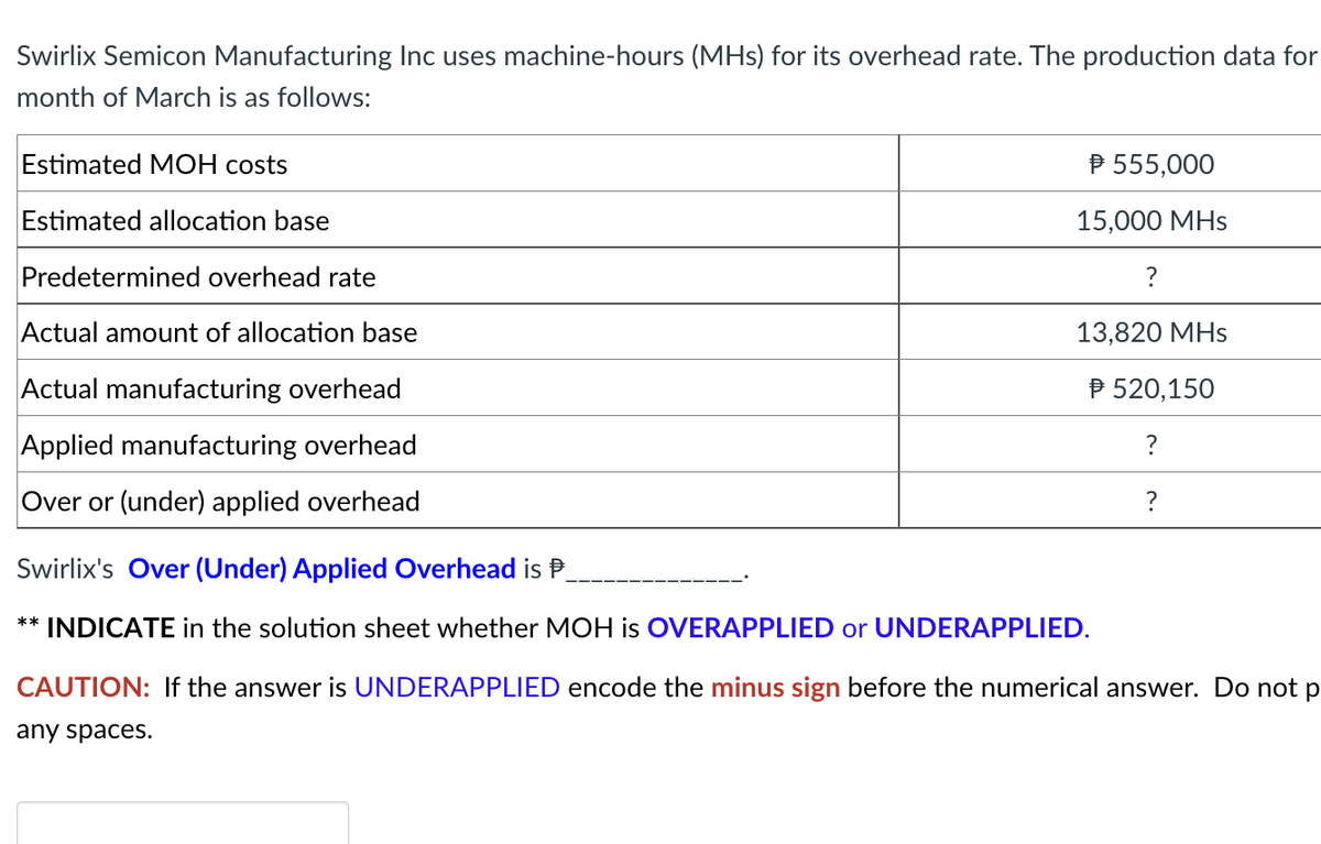 Swirlix Semicon Manufacturing Inc uses machine-hours (MHs) for its overhead rate. The production data for
month of March is as follows:
Estimated MOH costs
555,000
Estimated allocation base
15,000 MHs
Predetermined overhead rate
?
13,820 MHs
Actual amount of allocation base
Actual manufacturing overhead
Applied manufacturing overhead
P 520,150
?
Over or (under) applied overhead
?
Swirlix's Over (Under) Applied Overhead is P
** INDICATE in the solution sheet whether MOH is OVERAPPLIED or UNDERAPPLIED.
CAUTION: If the answer is UNDERAPPLIED encode the minus sign before the numerical answer. Do not p
any spaces.