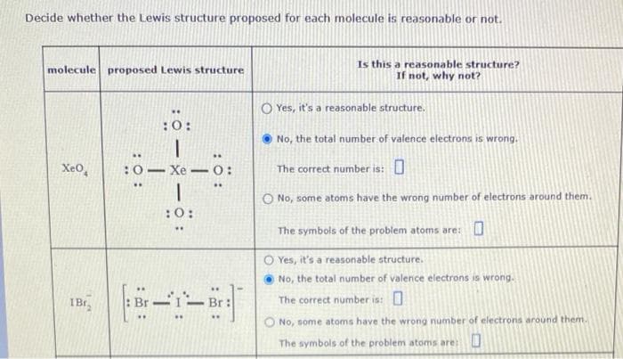 Decide whether the Lewis structure proposed for each molecule is reasonable or not.
molecule proposed Lewis structure
XeO
1Bra
:0-8-0:
:0–Xe–0:
|: Br-1-Br
Is this a reasonable structure?
If not, why not?
O Yes, it's a reasonable structure.
No, the total number of valence electrons is wrong.
The correct number is: 0
O No, some atoms have the wrong number of electrons around them.
The symbols of the problem atoms are:
Yes, it's a reasonable structure.
No, the total number of valence electrons is wrong.
The correct number is: O
No, some atoms have the wrong number of electrons around them.
The symbols of the problem atoms are: