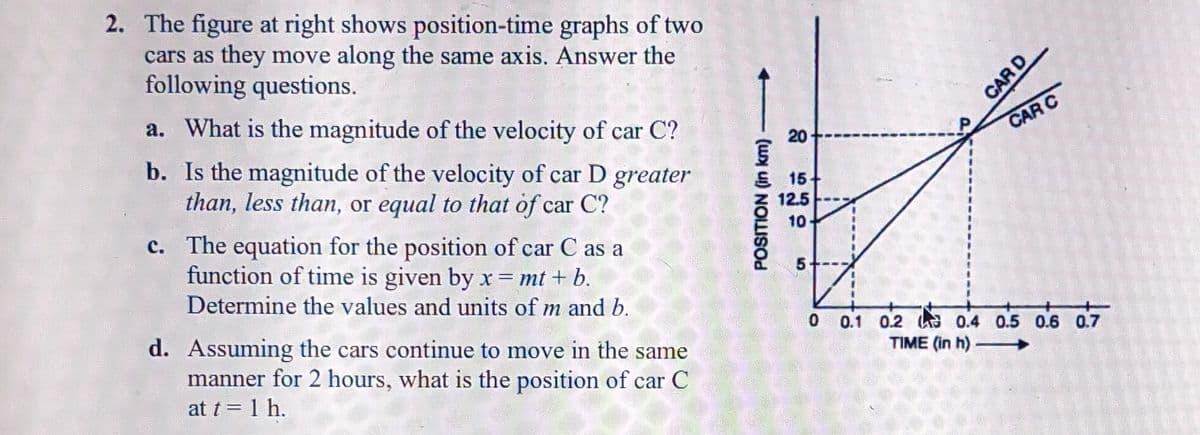 2. The figure at right shows position-time graphs of two
cars as they move along the same axis. Answer the
following questions.
a. What is the magnitude of the velocity of car C?
b. Is the magnitude of the velocity of car D greater
than, less than, or equal to that of car C?
1
a
c. The equation for the position of car C as
function of time is given by x = mt + b.
Determine the values and units of m and b.
d. Assuming the cars continue to move in the same
manner for 2 hours, what is the position of car C
at t = 1 h.
POSITION (in km)
20
15-
12.5
10
5-
0
0.1 0.2
CAR D
TIME (in h)
CAR C
0.4 0.5 0.6 0.7