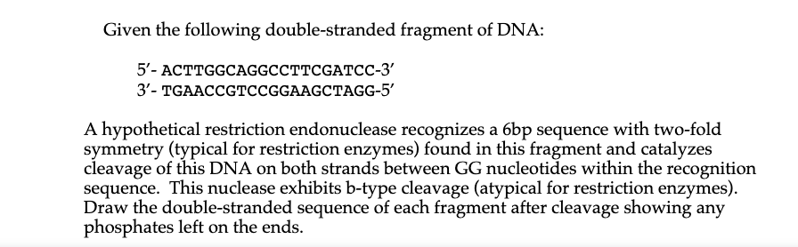 Given the following double-stranded fragment of DNA:
5'- ACTTGGCAGGCCTTCGATCC-3'
3'- TGAАССGTCСGGAAGCTAGG-5'
A hypothetical restriction endonuclease recognizes a 6bp sequence with two-fold
symmetry (typical for restriction enzymes) found in this fragment and catalyzes
cleavage of this DNA on both strands between GG nucleotides within the recognition
sequence. This nuclease exhibits b-type cleavage (atypical for restriction enzymes).
Draw the double-stranded sequence of each fragment after cleavage showing any
phosphates left on the ends.
